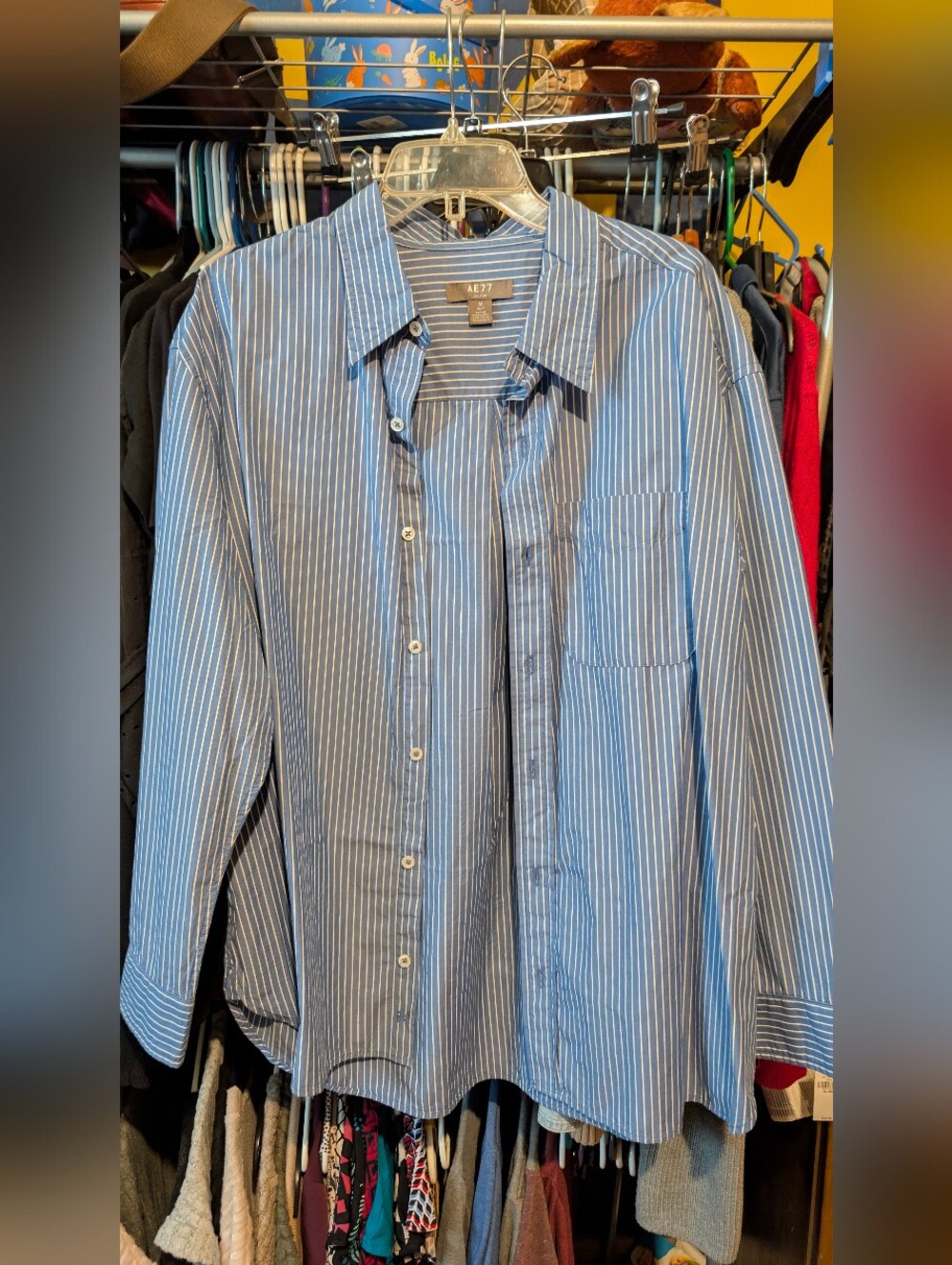 American Eagle Outfitters Blue and White Pinstripe Woen's Dress Shirt